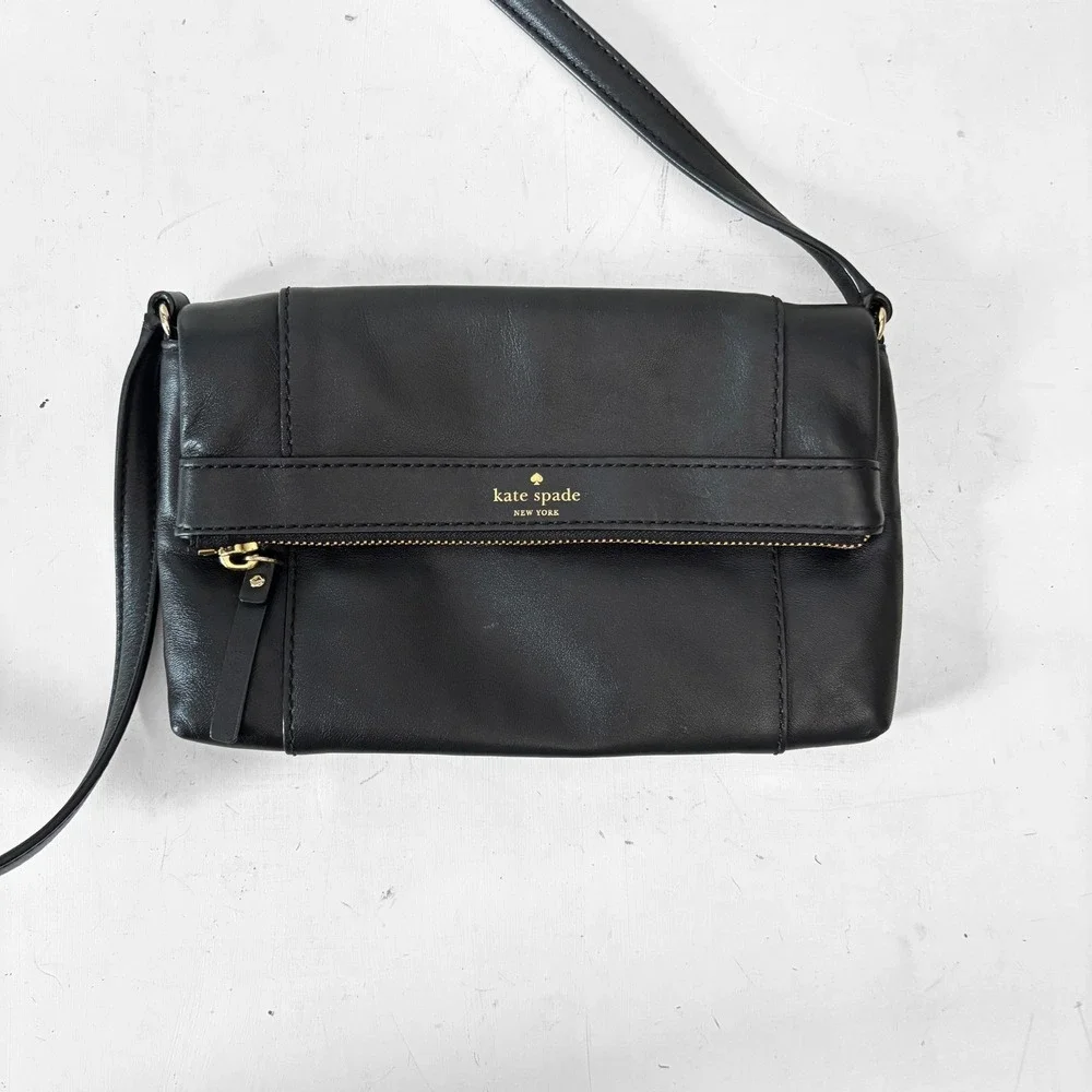 Kate Spade New York Black Leather Crossbody Bag WKRU2593 Gold Hardware